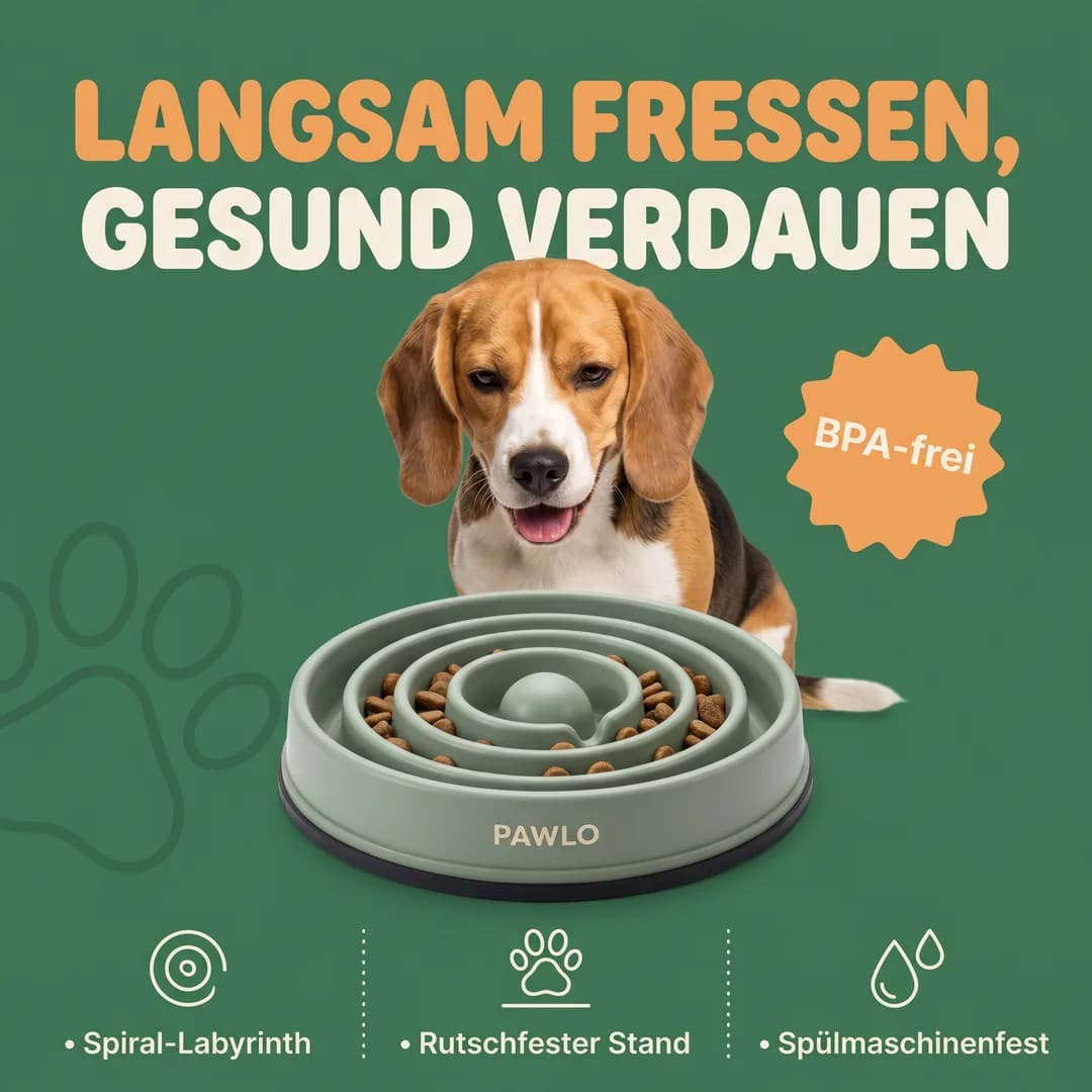 Amazon-Produktbild für die erfundene Demo-Marke PAWLO, mit Torch erzeugt: Beagle hinter einem gefüllten Anti-Schling-Napf, BPA-frei und rutschfest