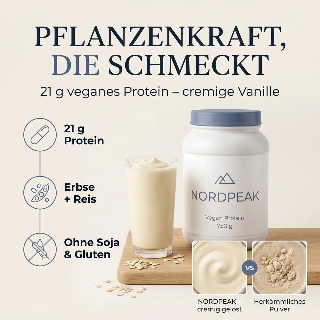 Amazon-Produktbild für die erfundene Demo-Marke NORDPEAK, mit Torch erzeugt: veganes Proteinpulver mit Shake, 21 g Protein aus Erbse und Reis, ohne Soja und Gluten