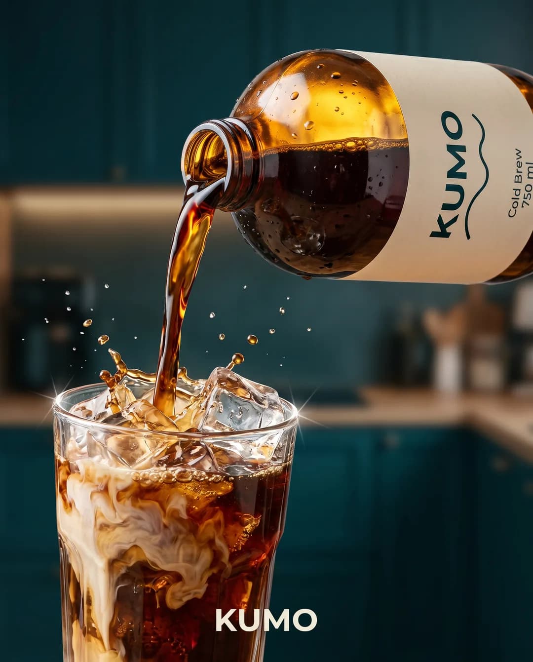 Social-Media-Motiv für die erfundene Demo-Marke KUMO, mit Torch erzeugt: Cold Brew wird aus der Flasche in ein Glas mit Eis und Milch gegossen