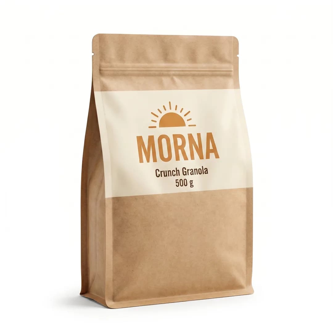 Packshot für die erfundene Demo-Marke MORNA, mit Torch erzeugt: Kraftpapier-Beutel Crunch Granola, 500 g, auf Weiß