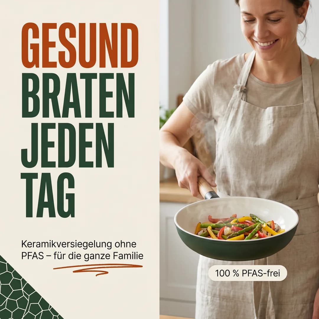 Amazon-Produktbild für die erfundene Demo-Marke VELORA, mit Torch erzeugt: Frau brät Gemüse in einer grünen, PFAS-freien Keramikpfanne