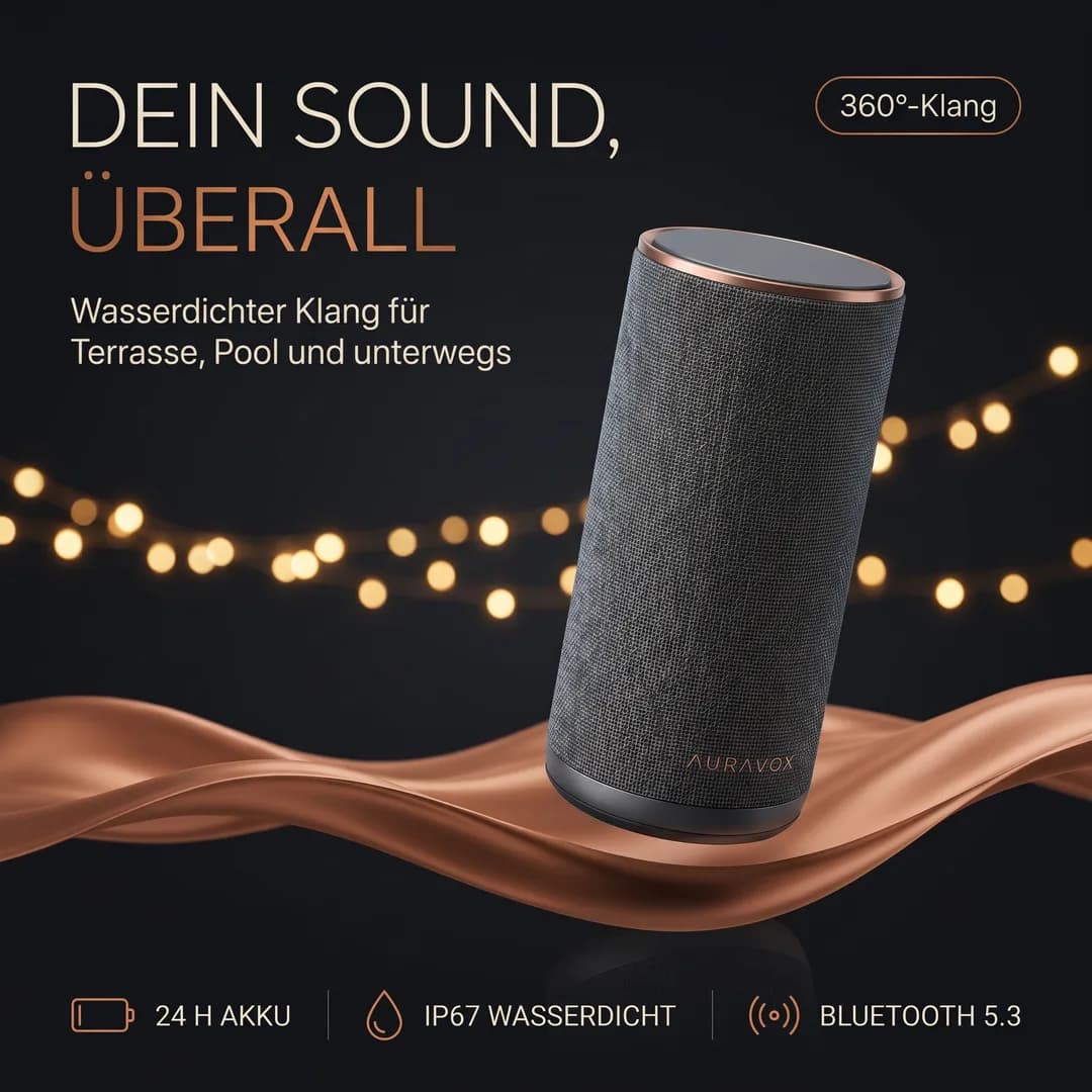 Amazon-Produktbild für die erfundene Demo-Marke AURAVOX, mit Torch erzeugt: wasserdichter Bluetooth-Lautsprecher vor Lichterketten, mit Akku- und IP67-Angabe