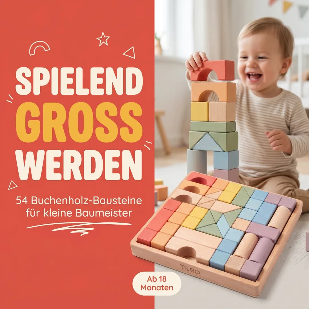 Amazon-Produktbild für die erfundene Demo-Marke TILBO, mit Torch erzeugt: Kleinkind spielt mit einem Set aus 54 Buchenholz-Bausteinen