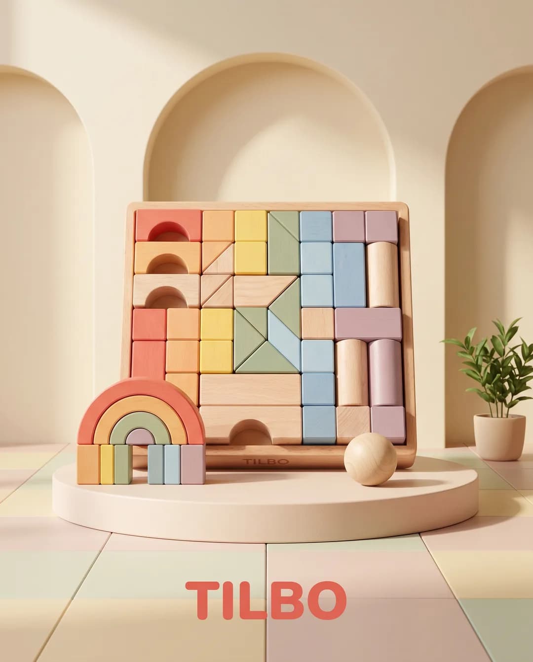 Social-Media-Motiv für die erfundene Demo-Marke TILBO, mit Torch erzeugt: pastellfarbenes Holzbaustein-Set mit Regenbogen auf einem Podest