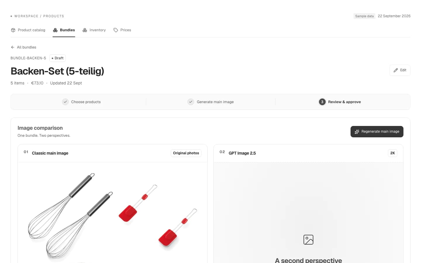 Captura: la página de un bundle en Torch Core — la ruta de tres pasos desde componer los productos hasta la imagen principal y la revisión y aprobación, con la imagen principal generada a partir de los packshots de los miembros debajo.