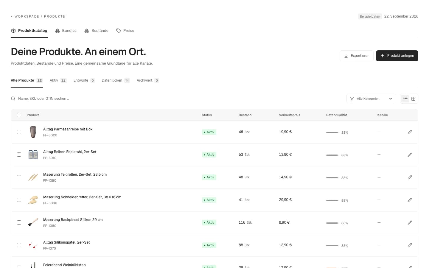 Screenshot: der Produktkatalog in Torch Core mit Bestand und Preis.