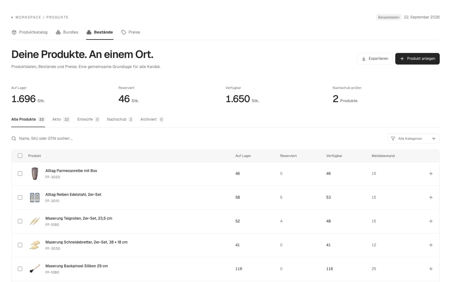 Screenshot: die Bestände-Ansicht in Torch Core.