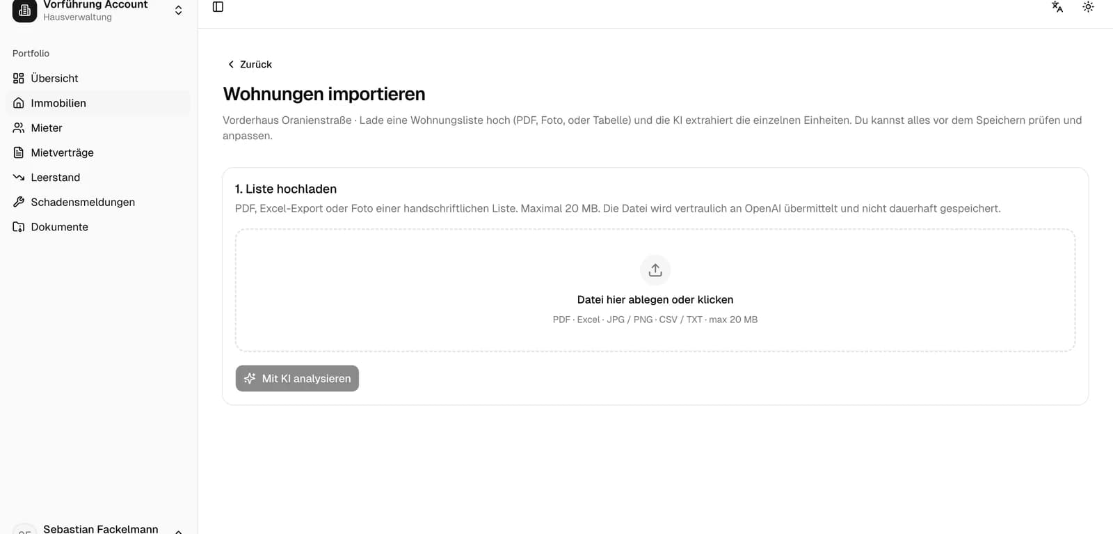 Importansicht: Die KI liest eine Wohnungsliste ein und erstellt eine prüfbare Vorschau