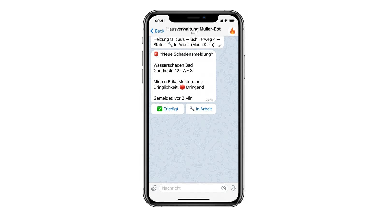 Chat-Ansicht: Ein Mieteranliegen wird von der KI angenommen und strukturiert übergeben